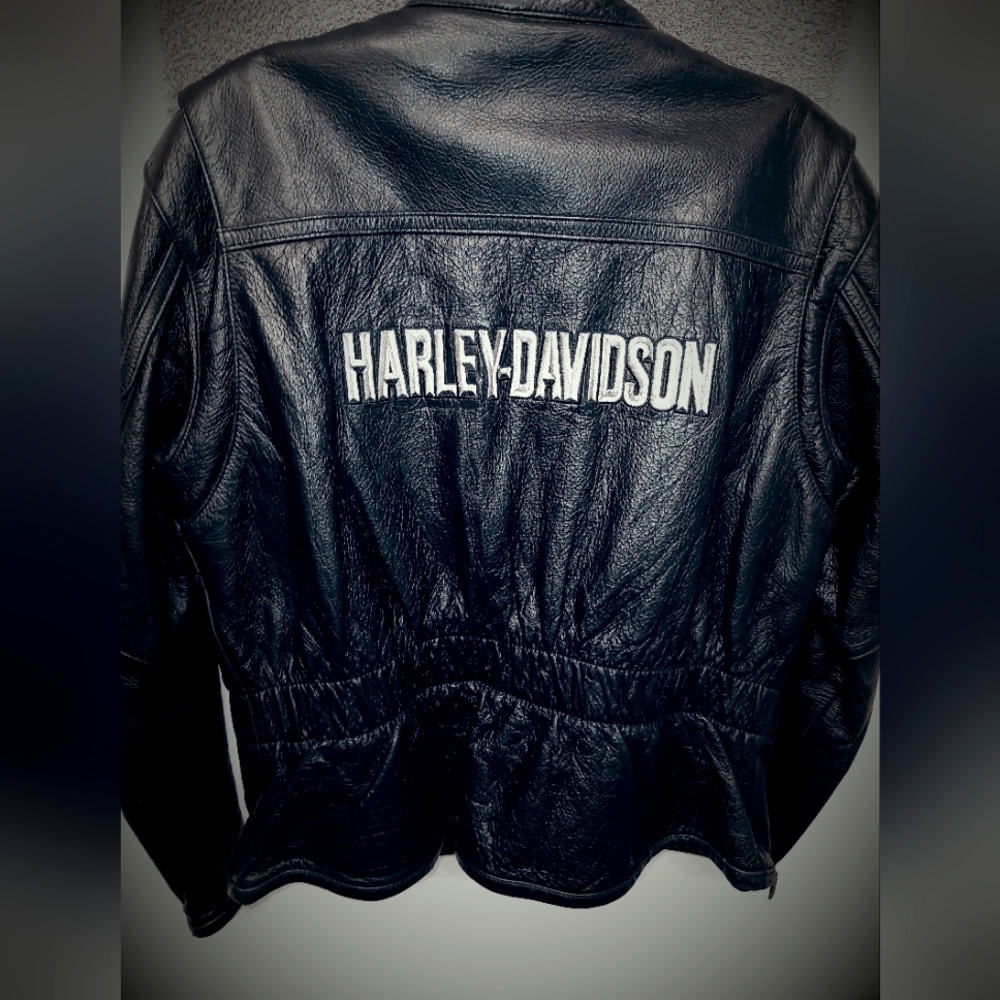Harley Davidson Black Leather Jacket Women's L w/ wool zipper liner